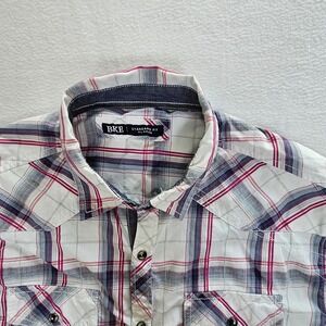 BKE Mens Standard Fit Western Plaid Snap Button Down Shirt XL White Navy Red